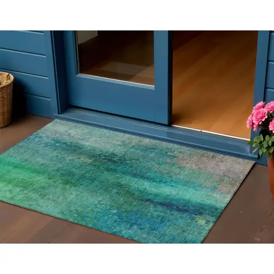 Teal Blue And Green Abstract Washable Indoor Outdoor Area Rug Photo 1