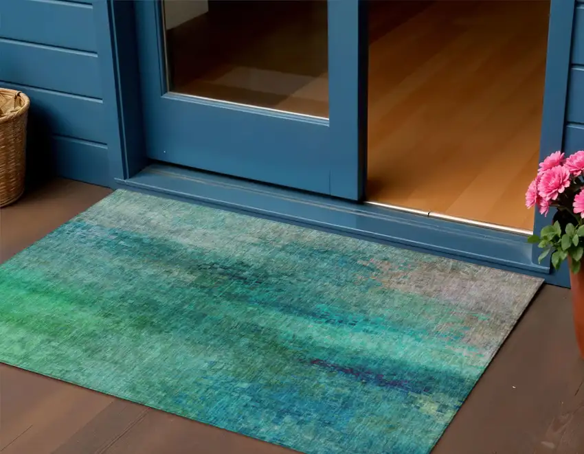 Teal Blue And Green Abstract Washable Indoor Outdoor Area Rug Photo 1