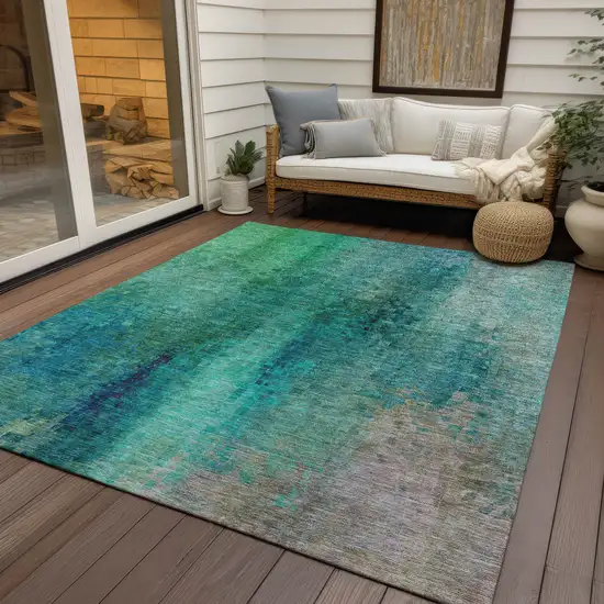 Teal Blue And Green Abstract Washable Indoor Outdoor Area Rug Photo 9