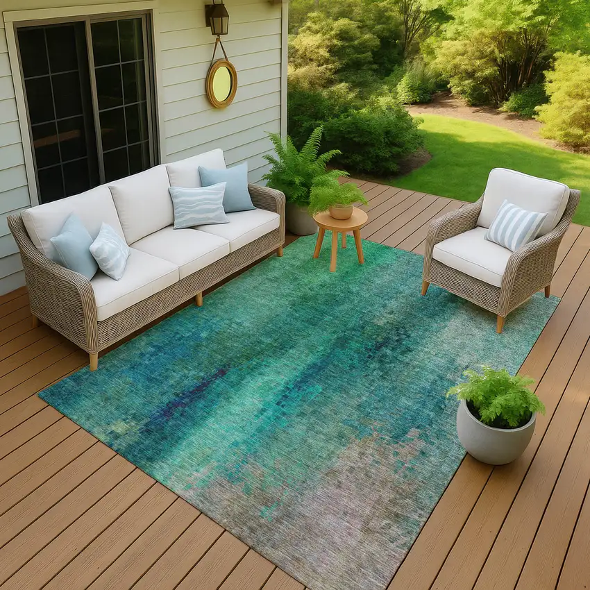 Teal Blue And Green Abstract Washable Indoor Outdoor Area Rug Photo 6
