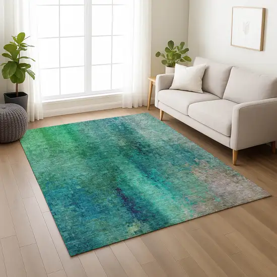 Teal Blue And Green Abstract Washable Indoor Outdoor Area Rug Photo 7