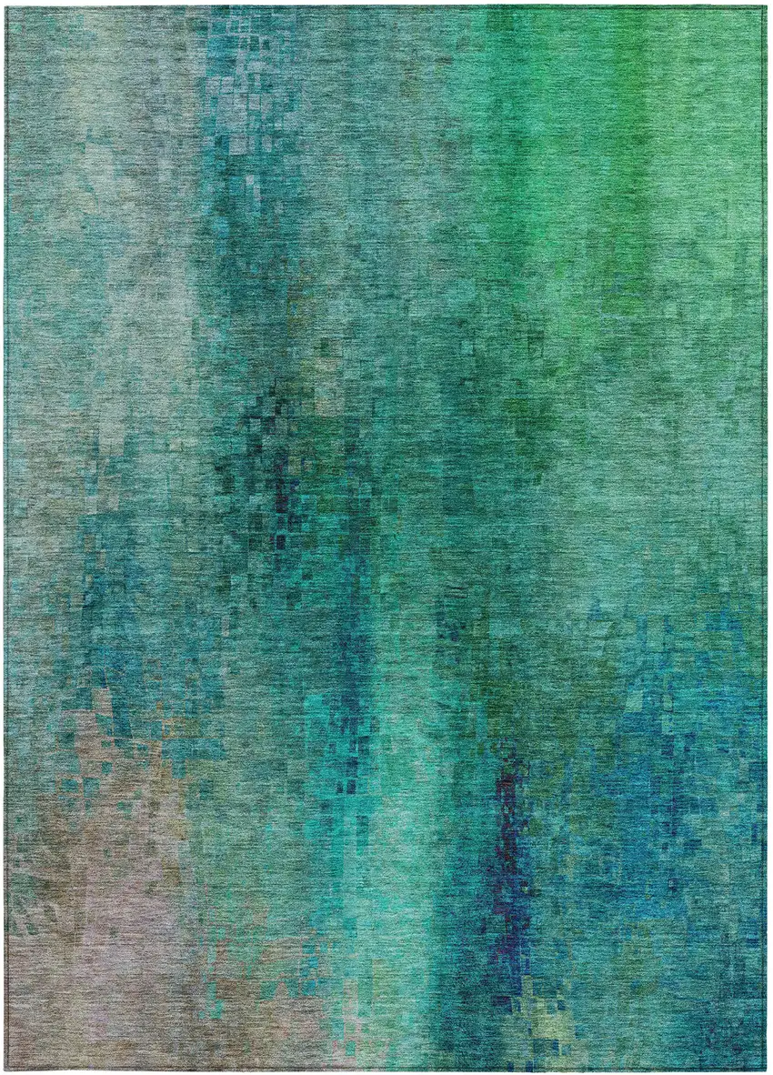Teal Blue And Green Abstract Washable Indoor Outdoor Area Rug Photo 5