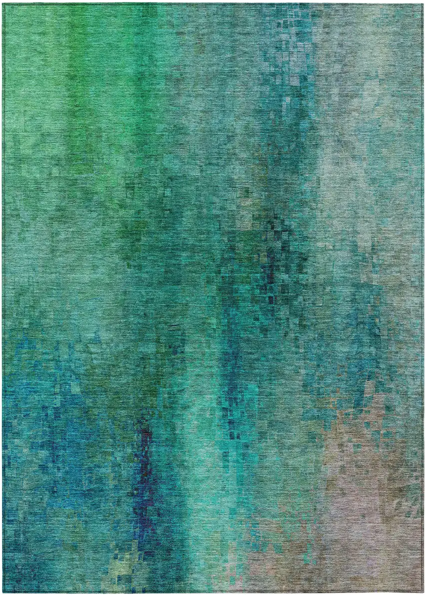 Teal Blue And Green Abstract Washable Indoor Outdoor Area Rug Photo 2