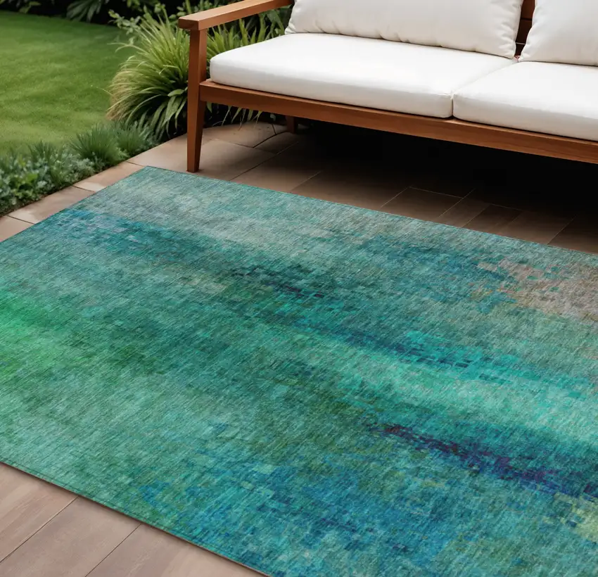Teal Blue And Green Abstract Washable Indoor Outdoor Area Rug Photo 1