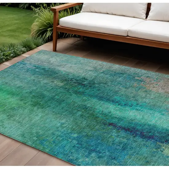 Teal Blue And Green Abstract Washable Indoor Outdoor Area Rug Photo 1
