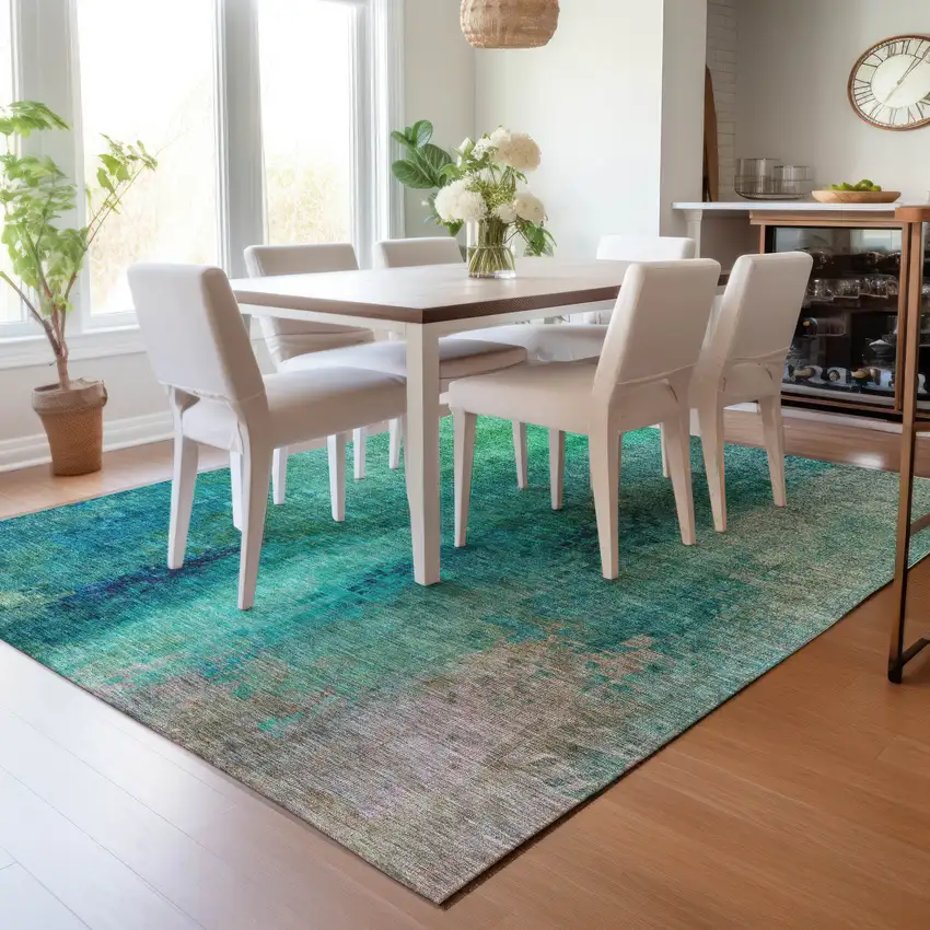 Teal Blue And Green Abstract Washable Indoor Outdoor Area Rug Photo 8