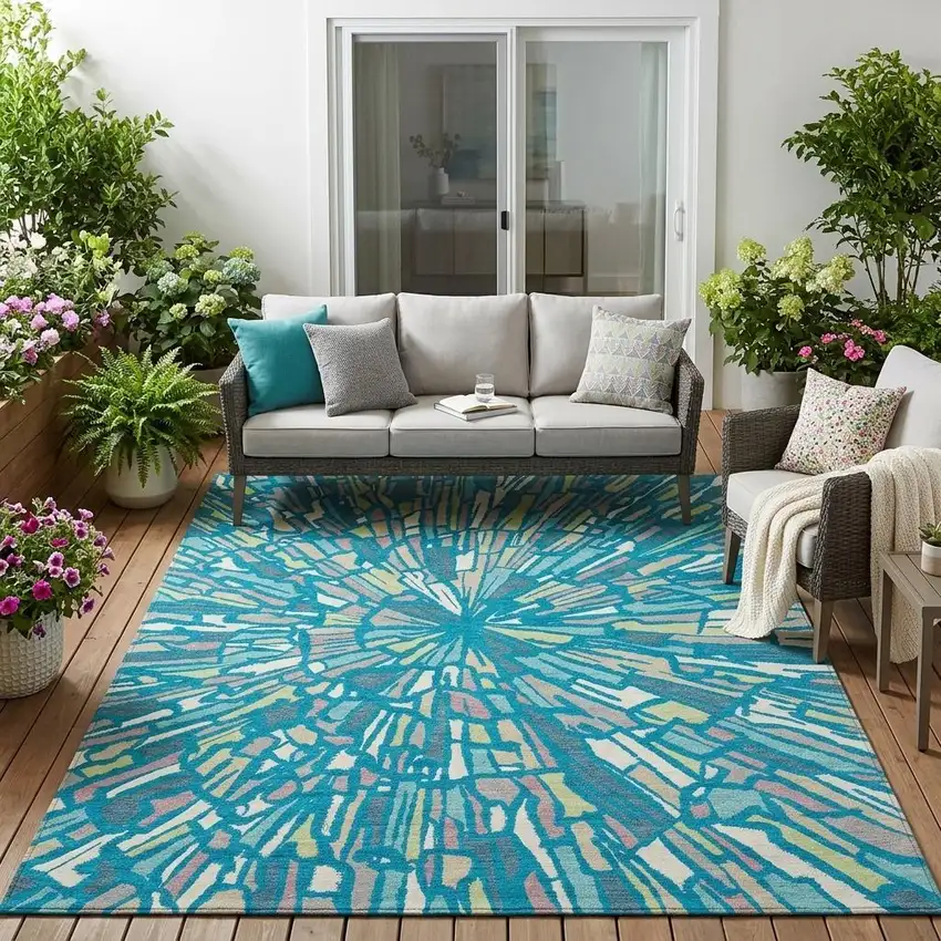 Teal Blue And Green Abstract Washable Indoor Outdoor Area Rug Photo 1