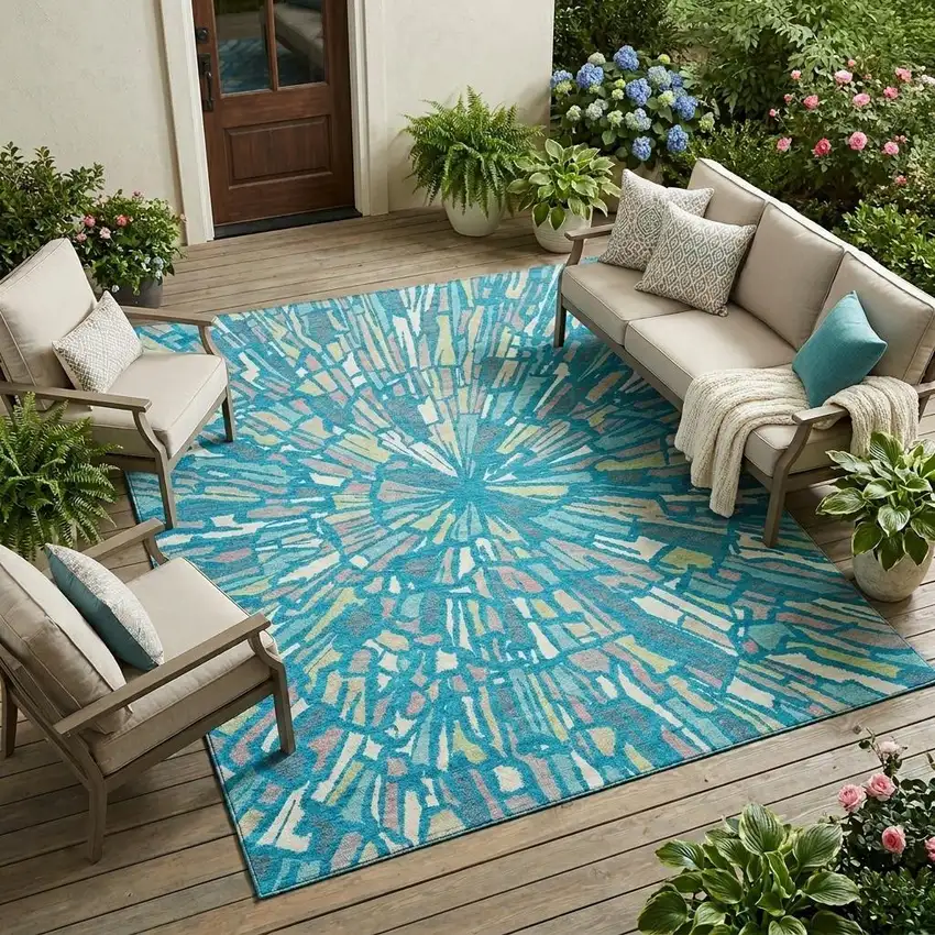 Teal Blue And Green Abstract Washable Indoor Outdoor Area Rug Photo 1
