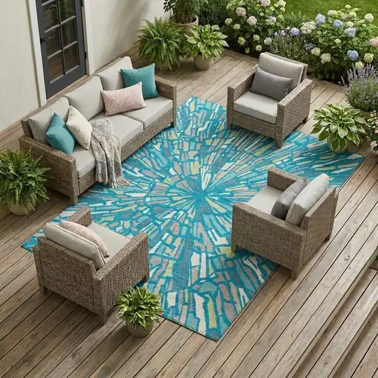 Teal Blue And Green Abstract Washable Indoor Outdoor Area Rug Photo 1