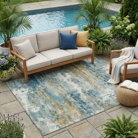 Teal Blue And Green Abstract Washable Indoor Outdoor Area Rug Photo 1