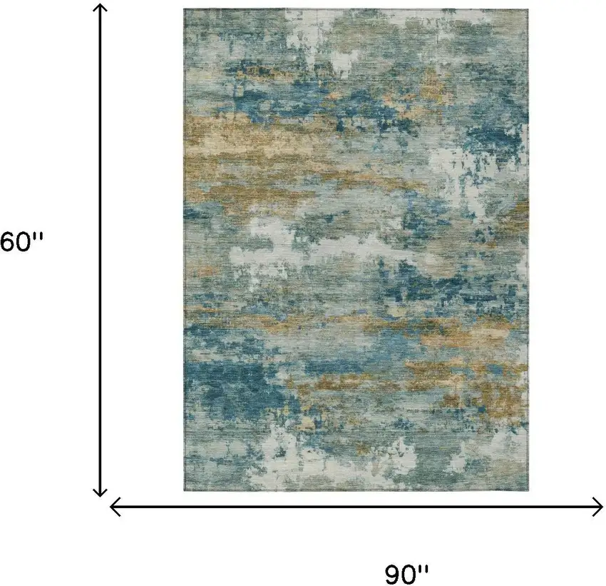 Teal Blue And Green Abstract Washable Indoor Outdoor Area Rug Photo 5
