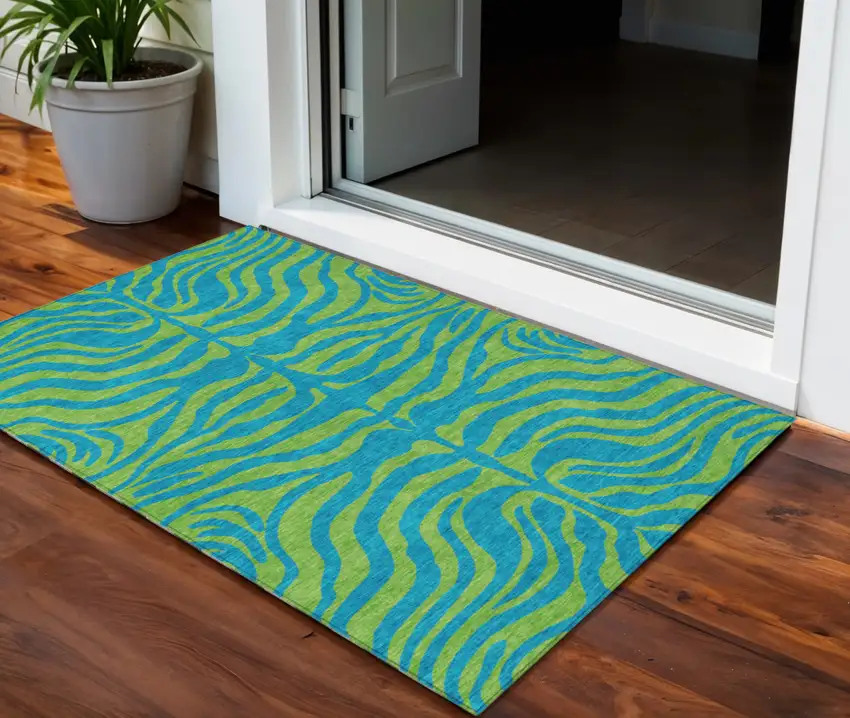 Teal Blue And Green Animal Print Washable Indoor Outdoor Area Rug Photo 1