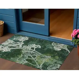 Photo of Teal Blue And Green Floral Washable Indoor Outdoor Area Rug