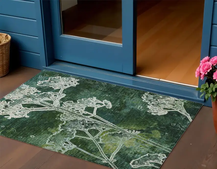 Teal Blue And Green Floral Washable Indoor Outdoor Area Rug Photo 1