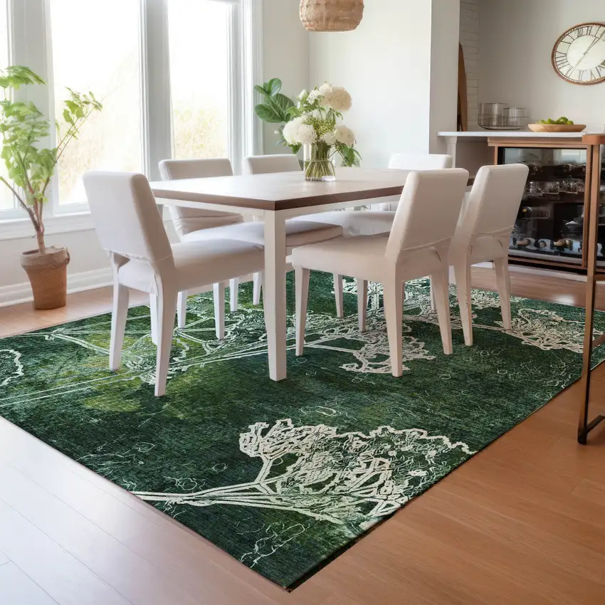 Teal Blue And Green Floral Washable Indoor Outdoor Area Rug Photo 8