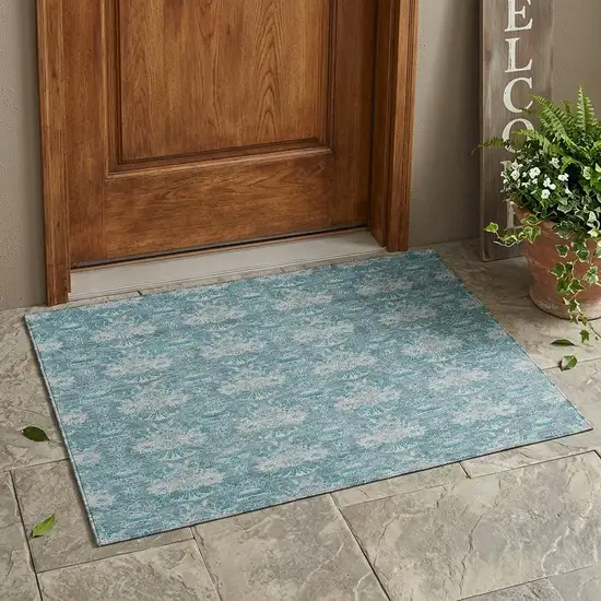 Teal Blue And Green Floral Washable Indoor Outdoor Area Rug Photo 1
