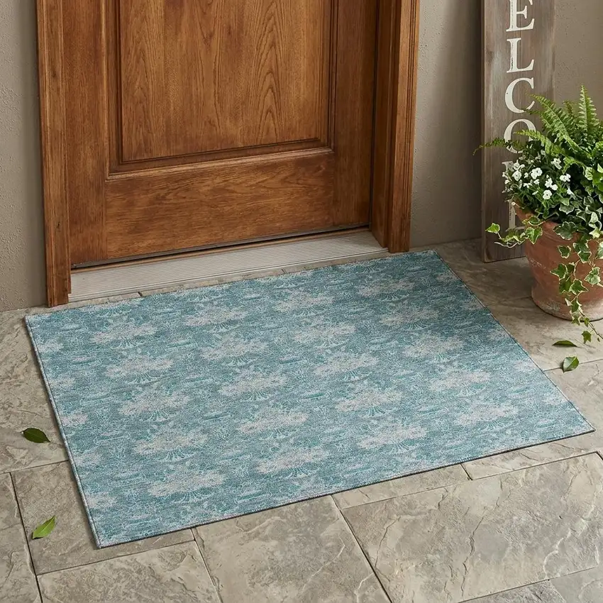 Teal Blue And Green Floral Washable Indoor Outdoor Area Rug Photo 1