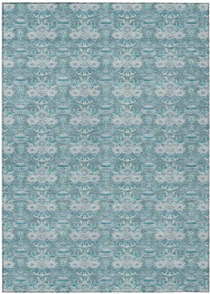Teal Blue And Green Floral Washable Indoor Outdoor Area Rug Photo 2