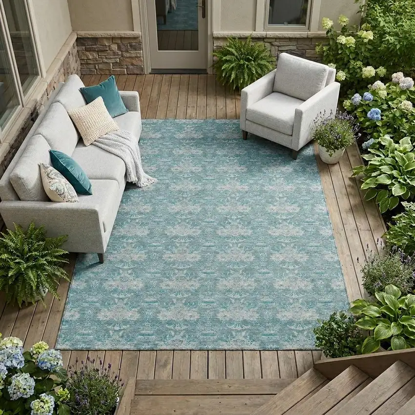 Teal Blue And Green Floral Washable Indoor Outdoor Area Rug Photo 1