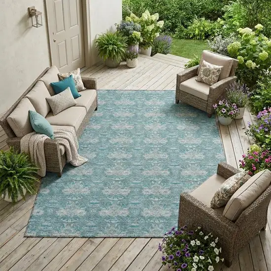 Teal Blue And Green Floral Washable Indoor Outdoor Area Rug Photo 1