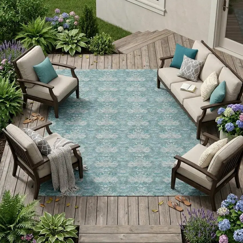 Teal Blue And Green Floral Washable Indoor Outdoor Area Rug Photo 1
