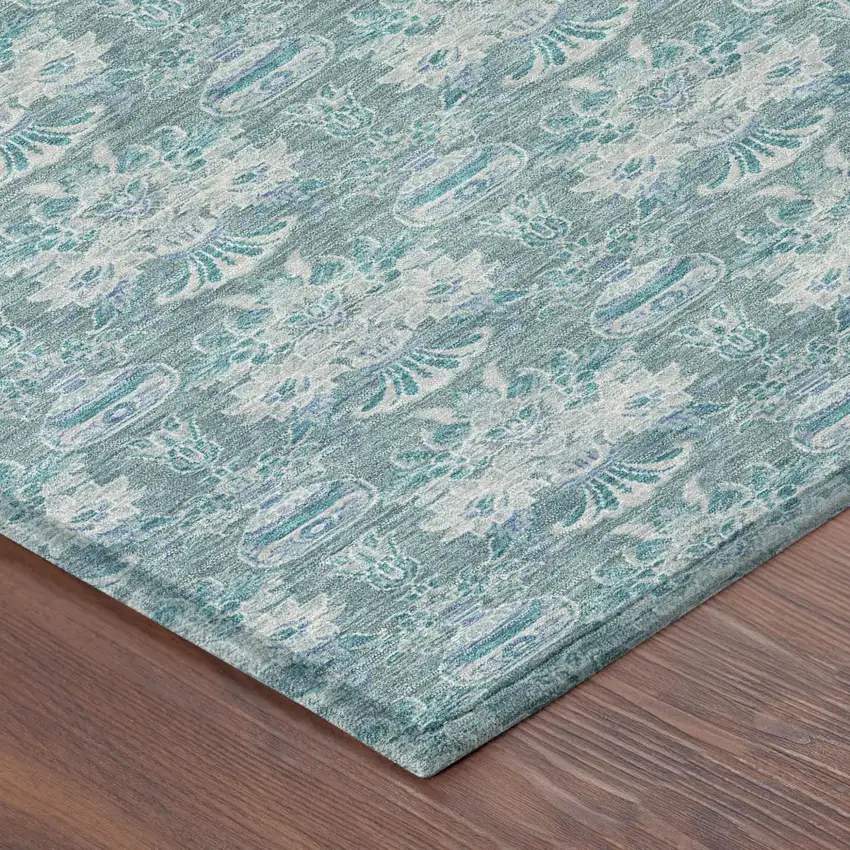 Teal Blue And Green Floral Washable Indoor Outdoor Area Rug Photo 7