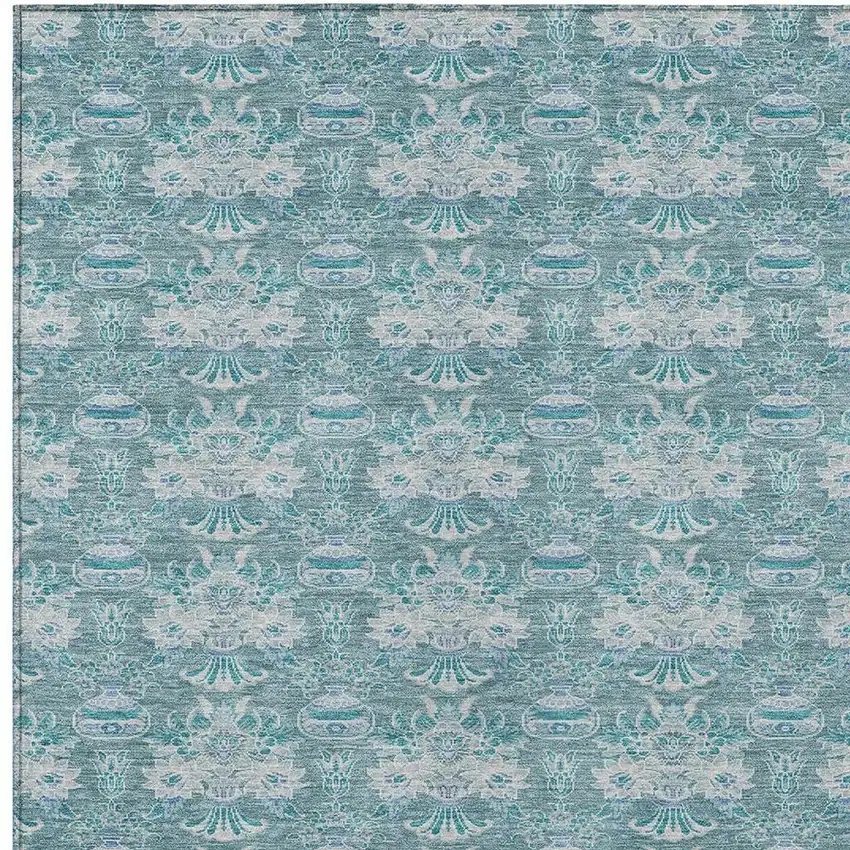 Teal Blue And Green Floral Washable Indoor Outdoor Area Rug Photo 3