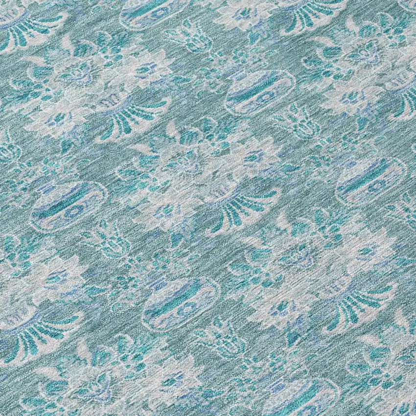 Teal Blue And Green Floral Washable Indoor Outdoor Area Rug Photo 8
