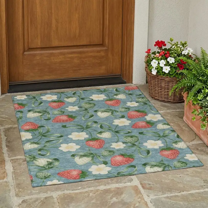 Teal Blue And Green Floral Washable Indoor Outdoor Area Rug Photo 1