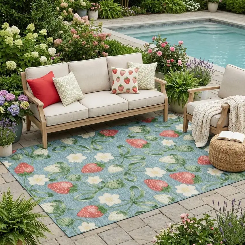 Teal Blue And Green Floral Washable Indoor Outdoor Area Rug Photo 1