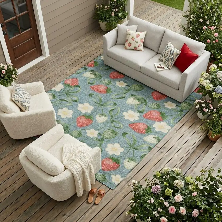 Teal Blue And Green Floral Washable Indoor Outdoor Area Rug Photo 1