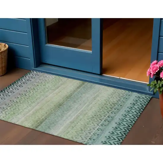 Teal Blue And Green Geometric Washable Indoor Outdoor Area Rug Photo 2