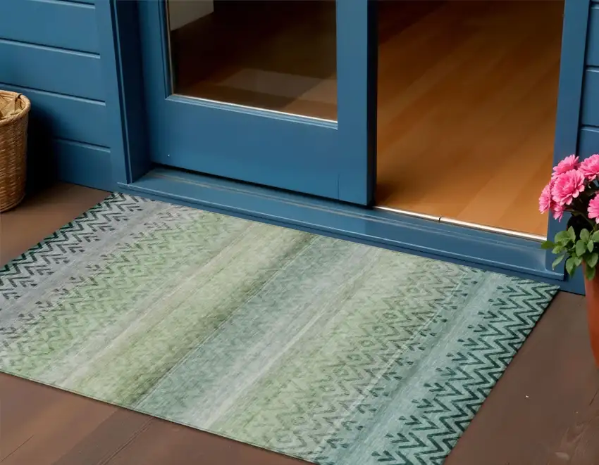 Teal Blue And Green Geometric Washable Indoor Outdoor Area Rug Photo 2