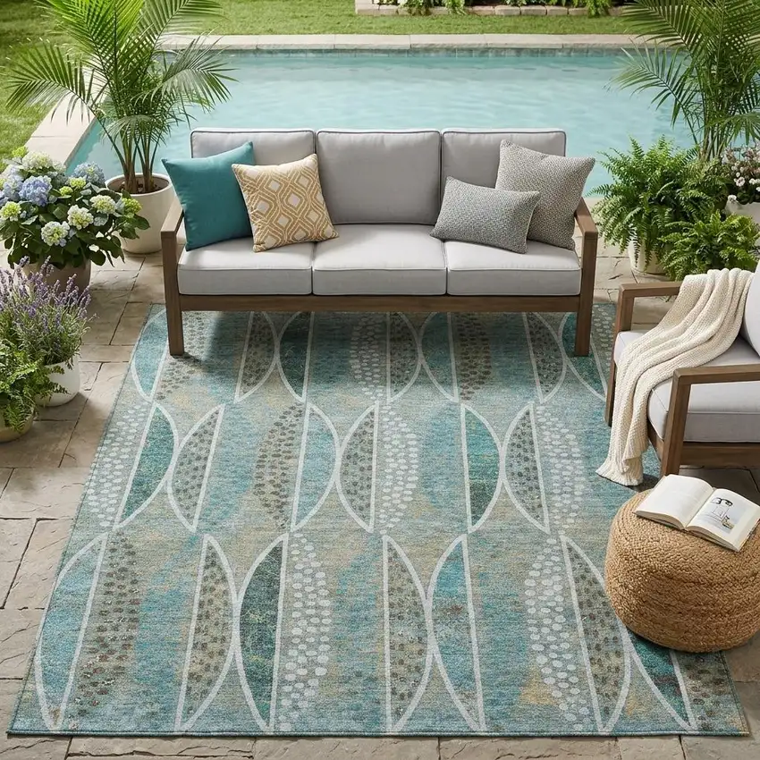 Teal Blue And Green Geometric Washable Indoor Outdoor Area Rug Photo 1