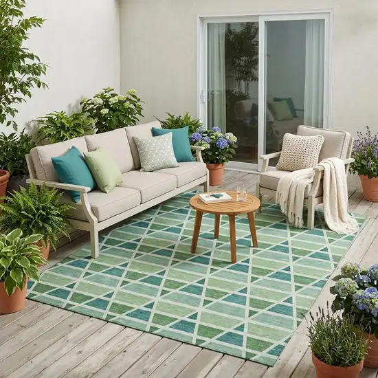 Teal Blue And Green Geometric Washable Indoor Outdoor Area Rug Photo 1