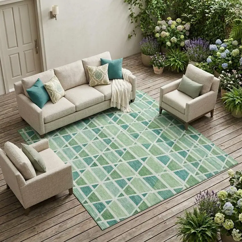 Teal Blue And Green Geometric Washable Indoor Outdoor Area Rug Photo 1