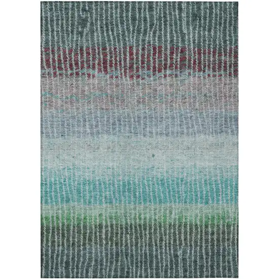 Teal Blue And Green Striped Washable Indoor Outdoor Area Rug Photo 2