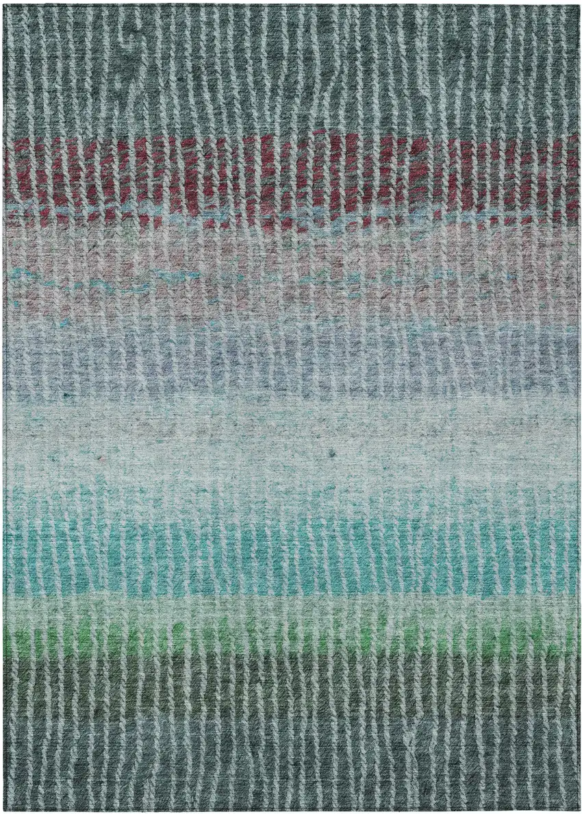 Teal Blue And Green Striped Washable Indoor Outdoor Area Rug Photo 2
