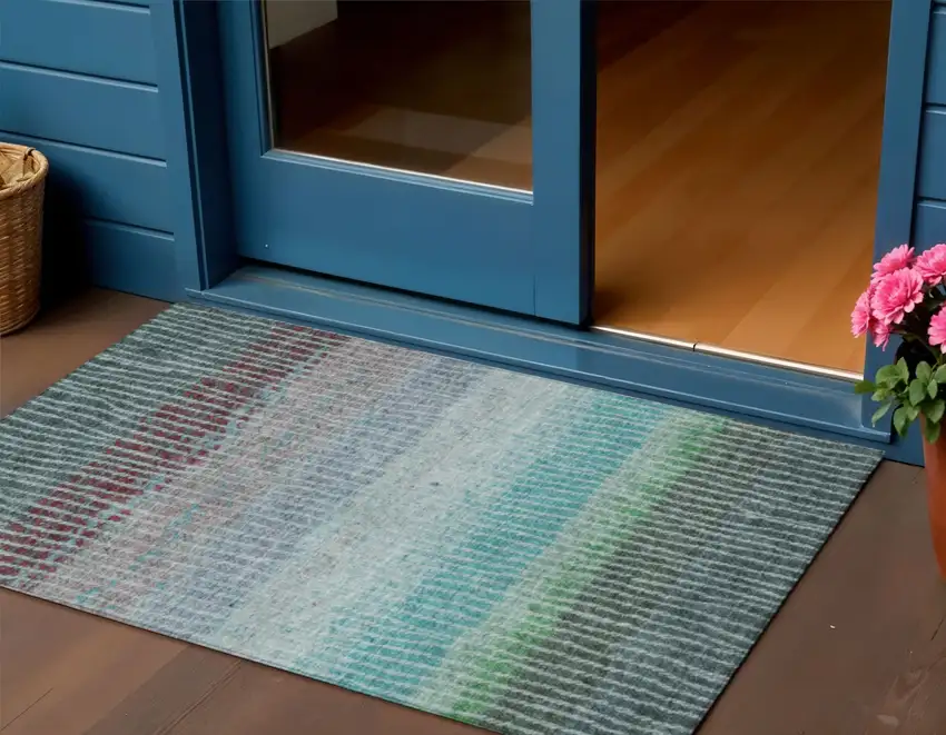 Teal Blue And Green Striped Washable Indoor Outdoor Area Rug Photo 1