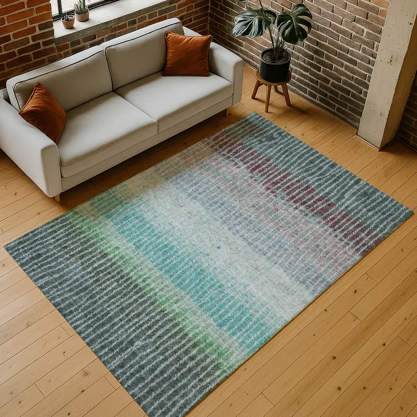 Teal Blue And Green Striped Washable Indoor Outdoor Area Rug Photo 9