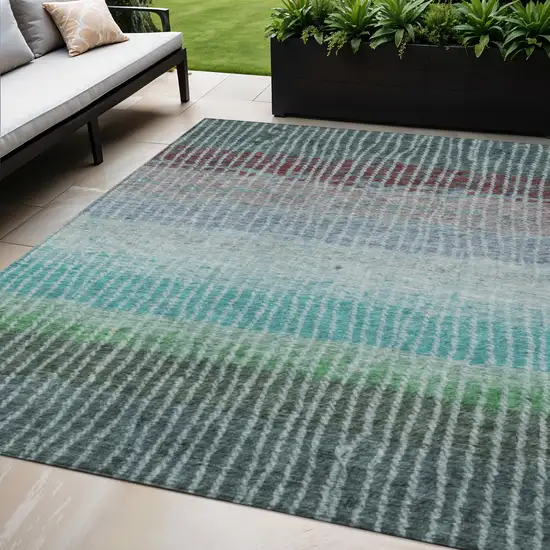 Teal Blue And Green Striped Washable Indoor Outdoor Area Rug Photo 1
