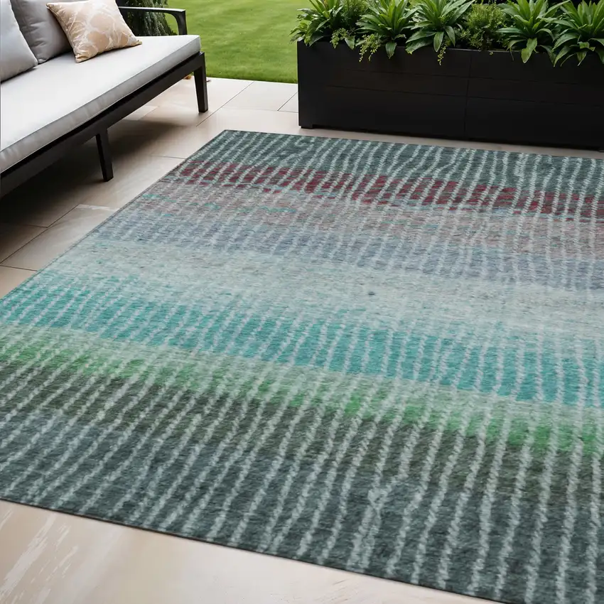 Teal Blue And Green Striped Washable Indoor Outdoor Area Rug Photo 1