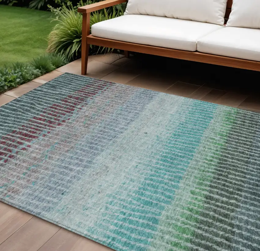 Teal Blue And Green Striped Washable Indoor Outdoor Area Rug Photo 1