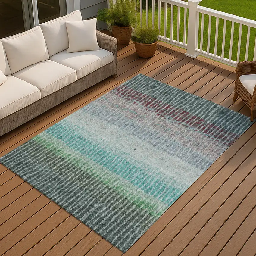 Teal Blue And Green Striped Washable Indoor Outdoor Area Rug Photo 7