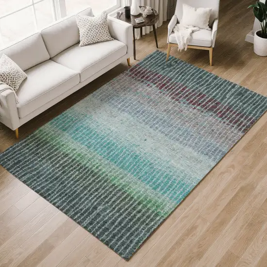 Teal Blue And Green Striped Washable Indoor Outdoor Area Rug Photo 8