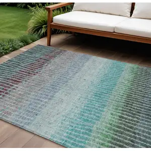 Photo of Teal Blue And Green Striped Washable Indoor Outdoor Area Rug