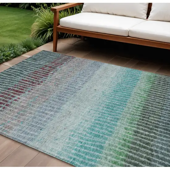 Teal Blue And Green Striped Washable Indoor Outdoor Area Rug Photo 1