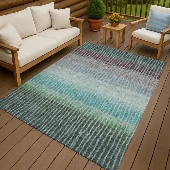 Teal Blue And Green Striped Washable Indoor Outdoor Area Rug Photo 9
