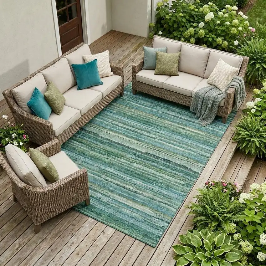 Teal Blue And Green Striped Washable Indoor Outdoor Area Rug Photo 1