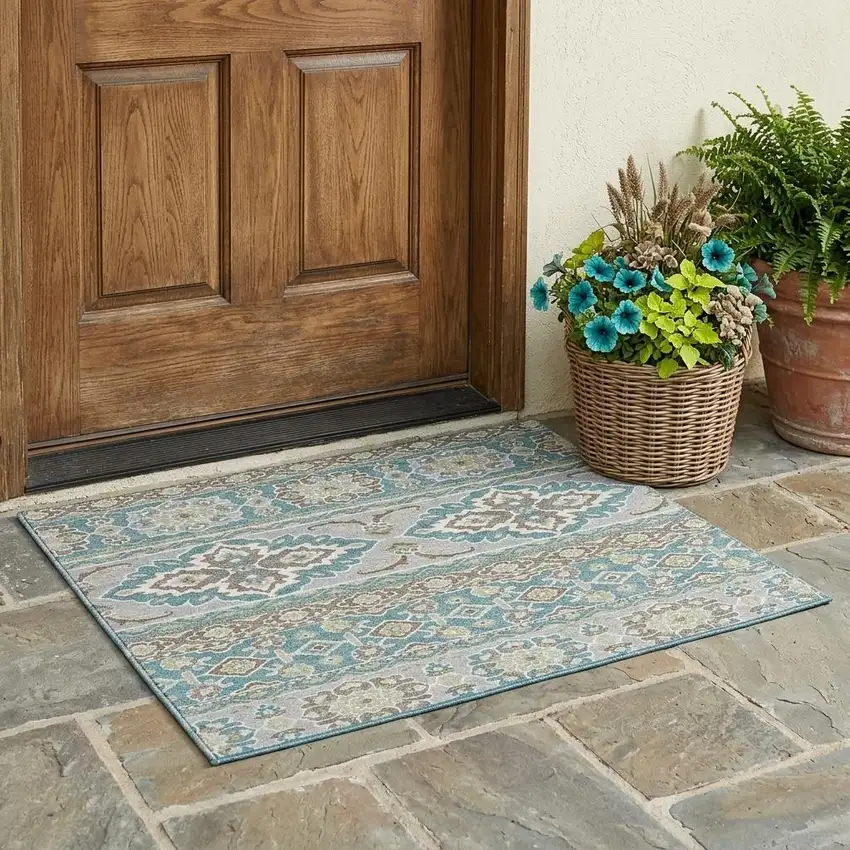 Teal Blue And Green Tribal Washable Indoor Outdoor Area Rug Photo 1